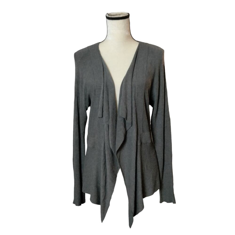 Eileen Fisher Womens Sz S Grey Open Front Cardigan Sweater Ruffle Italian Yarn